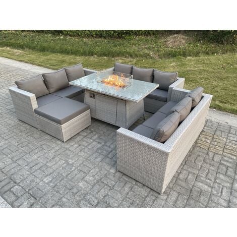 Fimous Light Grey U Shape Lounge Sofa Dining Set With Gas Fire Pit Rattan Garden Furniture Set Heater Burner Big Footstool