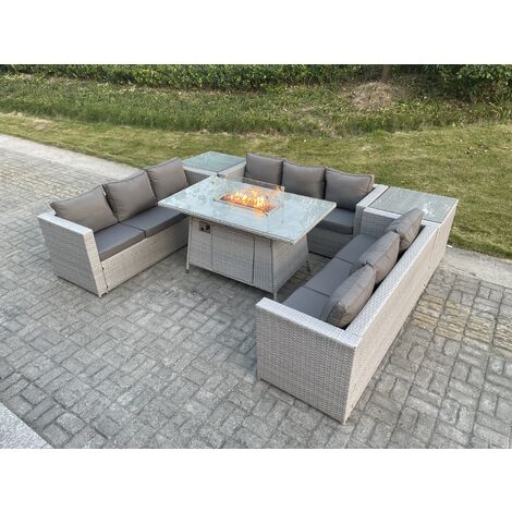 Fimous Light Grey U Shape Lounge Sofa Dining Set With Gas Heater Firepit Burner With 2 PC Side Coffee Tea Table