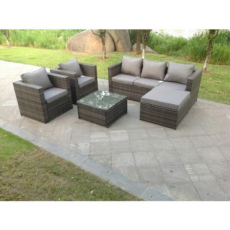Fimous Lounge Ensemble Canapé En Rotin Gris Mélangé Foncé Avec Table 2 Fauteuils Tabourets Mobilier De Jardin Extérieur Terrasse 6 Places