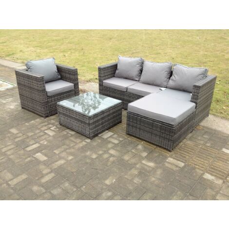 Fimous Lounge Ensemble Canapé En Rotin Gris Mélangé Foncé Avec Tabouret De Table Mobilier De Jardin Extérieur Terrasse 5 Places