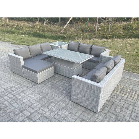 Fimous Lounge Rattan Garden Furniture Set Adjustable Rising Lifting Table Dining Set With Side Coffee Tea Table Footstool