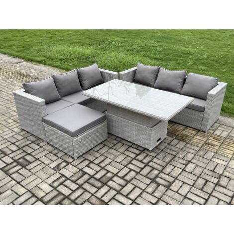 Fimous Meubles à manger de jardin en rotin 2 canapé, Table à manger réglable en hauteur et Tabourets pour Pelouse Terrasse Intérieure Gris Clair