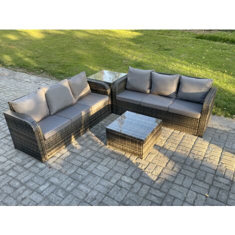 Fimous Meubles de jardin en rotin 6 places avec Gris Coussins Table basse carrée d'appoint