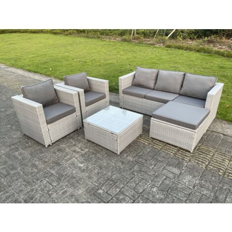 Fimous Meubles de Jardin en rotin ave Canapé 2 Chaise, Table basse Carrée Tabourets Gris Clair