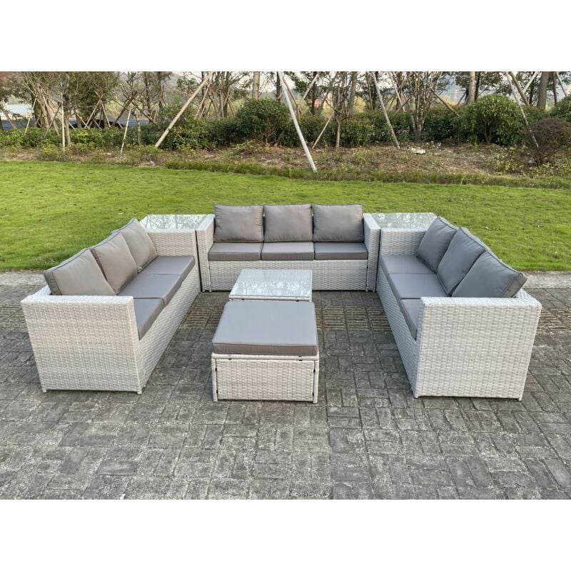 Fimous Meubles de Jardin en rotin ave Canapé ,Table basse Carrée Tabourets 2 Table d'appoint Gris Clair