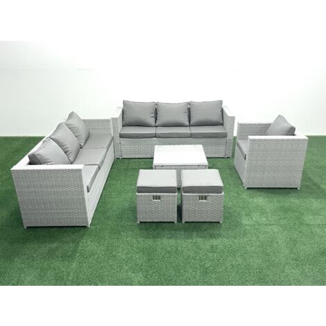 Fimous Meubles d'extérieur en rotin avec Fauteuil Table basse carrée 2 Petits tabourets Gris clair mixte