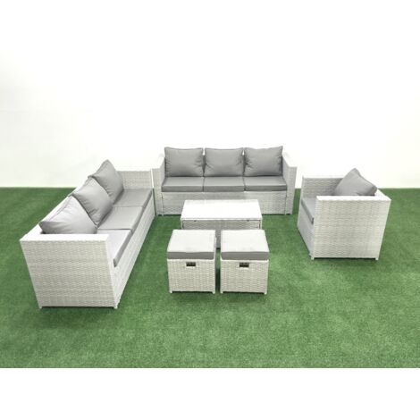 Fimous Meubles d'extérieur en rotin avec Fauteuil Table basse oblongue 2 Petits tabourets Gris clair mixte