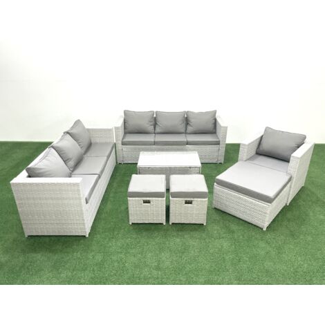 Fimous Meubles d'extérieur en rotin avec Fauteuil Table basse oblongue 3 Tabourets Gris clair mixte