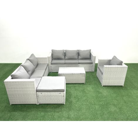 Fimous Meubles d'extérieur en rotin avec Fauteuil Table basse oblongue Grand tabouret Gris clair mixte
