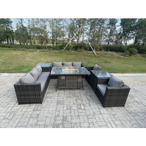 Fimous Mobilier De Jardin En Rotin Extérieur Foyer Au Gaz Table À Manger Set Chauffage Au Gaz Chaise Longue Table D'appoint Gris Foncé Mixte 8 Places