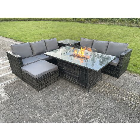 Fimous Mobilier De Jardin En Rotin Extérieur Foyer Au Gaz Table À Manger Set Chauffage Au Gaz Salon Grand Tabouret Gris Mixte 7 Places