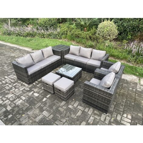 Fimous Mobilier de jardin extérieur en rotin avec 2 Fauteuils Table basse carrée Tables d'appoint 2 Petits poufs Tables d'appoint 10 places Mélange gris foncé