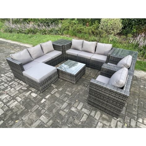 Fimous Mobilier de jardin extérieur en rotin avec 2 Fauteuils Table basse carrée Tables d'appoint grand tabouret Tables d'appoint 9 places Mélange gris foncé
