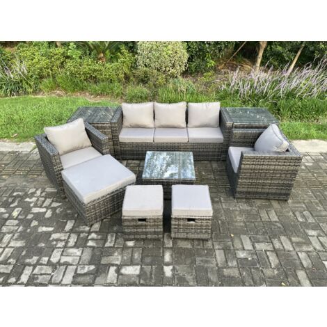 Fimous Mobilier de jardin extérieur en rotin avec 2 Tables d'appoint Fauteuil Table basse carrée 3 Tabourets 8 places Rattan Set Mélange gris foncé