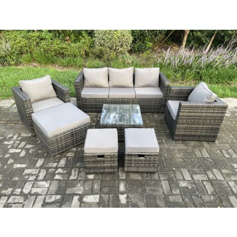 Fimous Mobilier de jardin extérieur en rotin avec Fauteuil Table basse carrée 3 Tabourets Mélange gris foncé