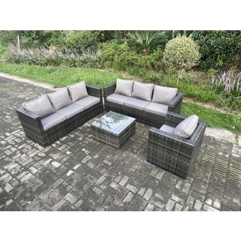 Fimous Mobilier de jardin extérieur en rotin avec Fauteuil Table basse carrée 7 places Mélange gris foncé