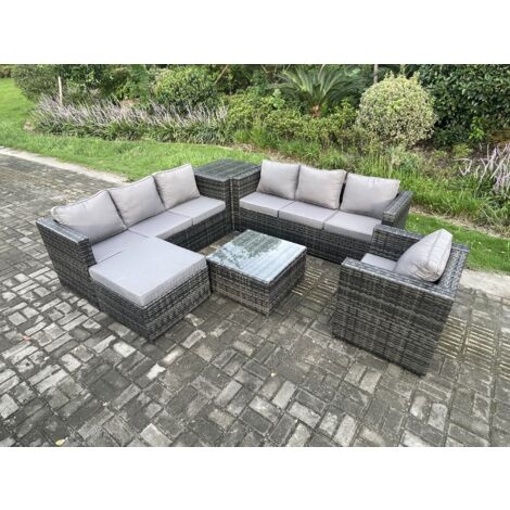 Fimous Mobilier de jardin extérieur en rotin avec Fauteuil Tables d'appoint Table basse carrée grand tabouret Tables d'appoint 8 places Mélange gris foncé