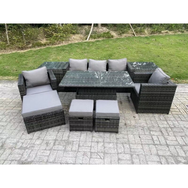 Osier pe Rotin Meubles De Jardin Canapé Ensemble Table à Manger Réglable En Plein Air avec Fauteuil 2 Tables d'Appoint Tabourets 3 pieds 8 Places