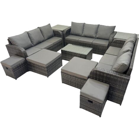 Fimous Outdoor 3 Seater Sofa Coffee Table Set Garden Rattan Furniture Set 13 Seater with 2 Side Tables 4 Stools Dark Grey