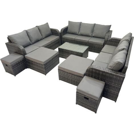 Fimous Outdoor 3 Seater Sofa Coffee Table Set Garden Rattan Furniture Set 13 Seater with 4 Stools Dark Grey