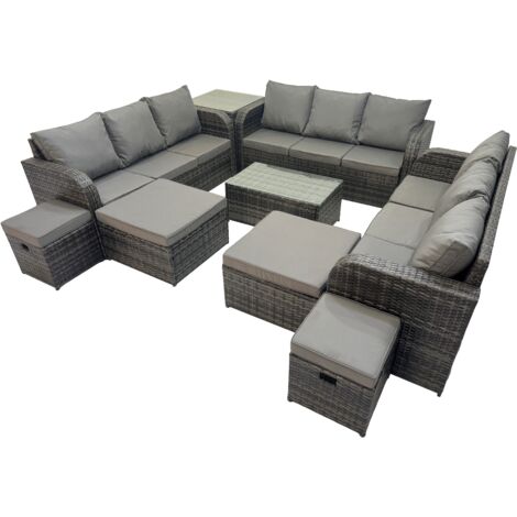 Fimous Outdoor 3 Seater Sofa Coffee Table Set Garden Rattan Furniture Set 13 Seater with Side Table 4 Stools Dark Grey