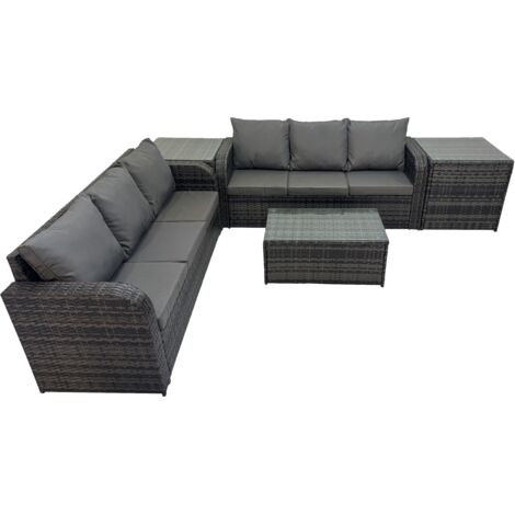 Fimous Outdoor 3 Seater Sofa Coffee Table Set Garden Rattan Furniture Set 6 Seater with 2 Side Tables Dark Grey