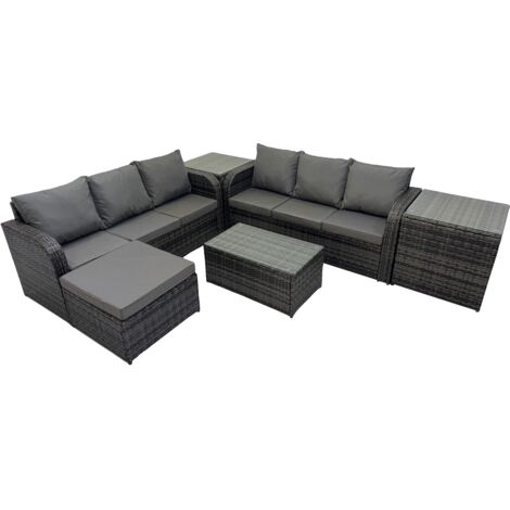 Fimous Outdoor 3 Seater Sofa Coffee Table Set Garden Rattan Furniture Set 7 Seater with Big Stool 2 Side Tables Dark Grey
