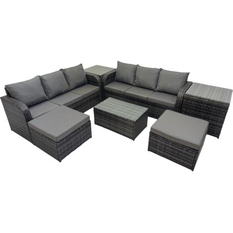 Fimous Outdoor 3 Seater Sofa Coffee Table Set Garden Rattan Furniture Set 8 Seater with 2 Big Stool 2 Side Tables Dark Grey