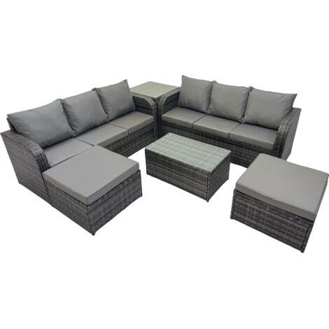 Fimous Outdoor 3 Seater Sofa Coffee Table Set Garden Rattan Furniture Set 8 Seater with 2 Big Stools Side Table Dark Grey