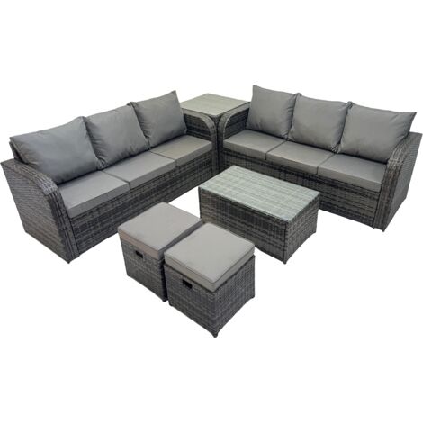 Fimous Outdoor 3 Seater Sofa Coffee Table Set Garden Rattan Furniture Set 8 Seater with 2 Small Stools Side Table Dark Grey