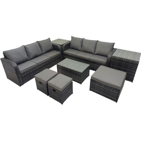 Fimous Outdoor 3 Seater Sofa Coffee Table Set Garden Rattan Furniture Set 9 Seater with 3 Stool 2 Side Tables Dark Grey