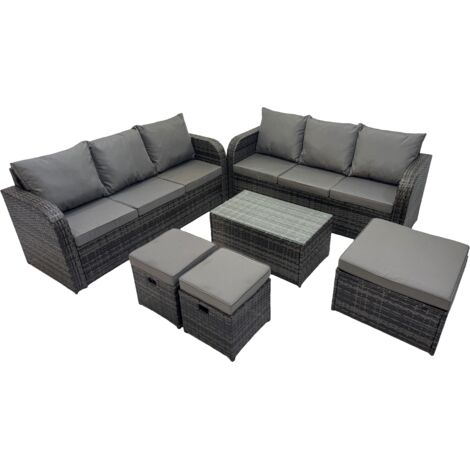 Fimous Outdoor 3 Seater Sofa Coffee Table Set Garden Rattan Furniture Set 9 Seater with 3 Stool Dark Grey