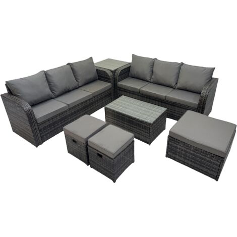 Fimous Outdoor 3 Seater Sofa Coffee Table Set Garden Rattan Furniture Set 9 Seater with 3 Stool Side Table Dark Grey