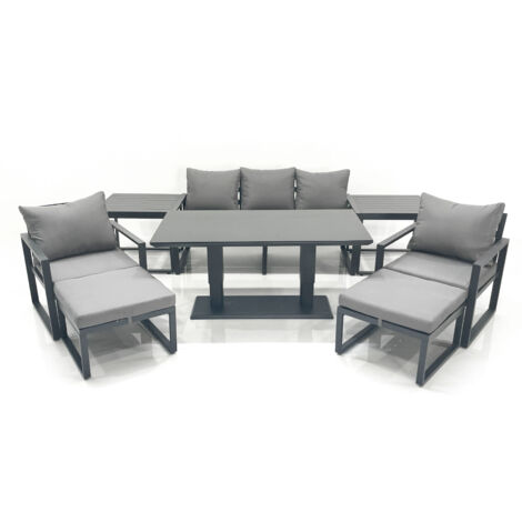 Fimous Outdoor Aluminium Garden Furniture Set with Adjustable Rising Lifting Dining Table 3 Seater Sofa 2 Chair 2 Big Footstools 2 Side Tables Dark Grey