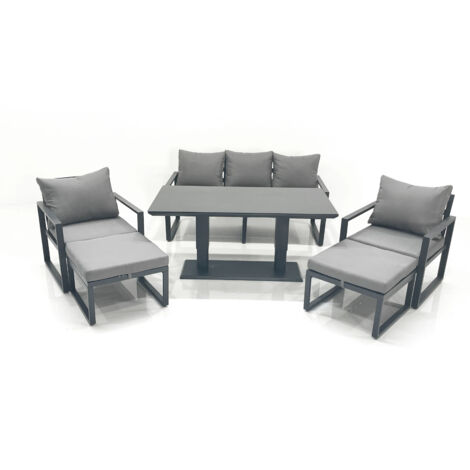 Fimous Outdoor Aluminium Garden Furniture Set with Adjustable Rising Lifting Dining Table 3 Seater Sofa 2 Chair 2 Big Footstools Dark Grey