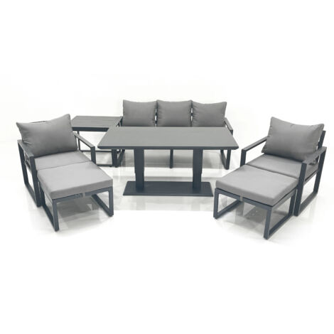 Fimous Outdoor Aluminium Garden Furniture Set with Adjustable Rising Lifting Dining Table 3 Seater Sofa 2 Chair 2 Big Footstools Side Table Dark Grey