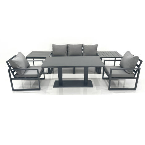 Fimous Outdoor Aluminium Garden Furniture Set with Adjustable Rising Lifting Dining Table 3 Seater Sofa 2 Chair 2 Side Tables Dark Grey