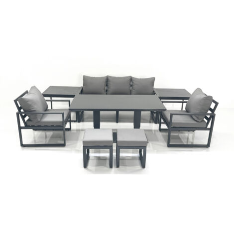Fimous Outdoor Aluminium Garden Furniture Set with Adjustable Rising Lifting Dining Table 3 Seater Sofa 2 Chair 2 Small Footstools 2 Side Tables Dark Grey