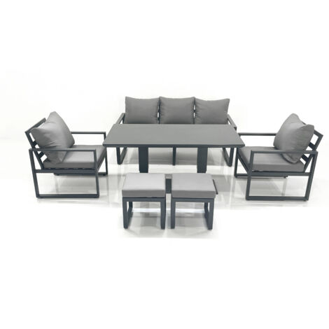 Fimous Outdoor Aluminium Garden Furniture Set with Adjustable Rising Lifting Dining Table 3 Seater Sofa 2 Chair 2 Small Footstools Dark Grey