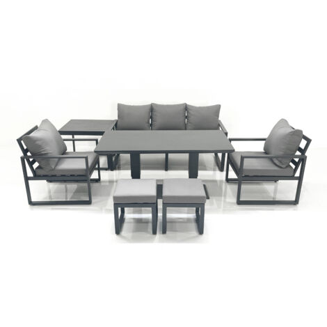 Fimous Outdoor Aluminium Garden Furniture Set with Adjustable Rising Lifting Dining Table 3 Seater Sofa 2 Chair 2 Small Footstools Side Table Dark Grey
