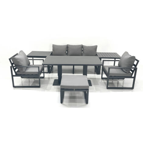 Fimous Outdoor Aluminium Garden Furniture Set with Adjustable Rising Lifting Dining Table 3 Seater Sofa 2 Chair Big Footstool 2 Side Tables Dark Grey