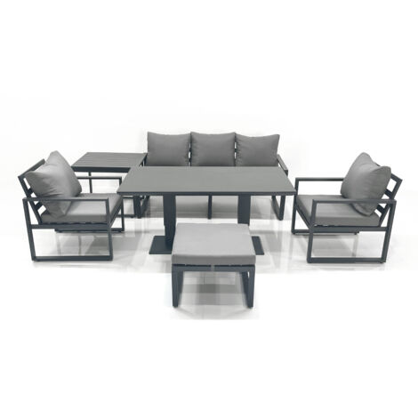 Fimous Outdoor Aluminium Garden Furniture Set with Adjustable Rising Lifting Dining Table 3 Seater Sofa 2 Chair Big Footstool Side Table Dark Grey