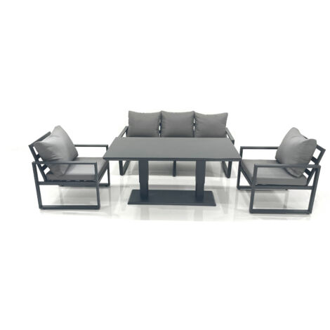 Fimous Outdoor Aluminium Garden Furniture Set with Adjustable Rising Lifting Dining Table 3 Seater Sofa 2 Chair Dark Grey