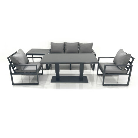 Fimous Outdoor Aluminium Garden Furniture Set with Adjustable Rising Lifting Dining Table 3 Seater Sofa 2 Chair Side Table Dark Grey
