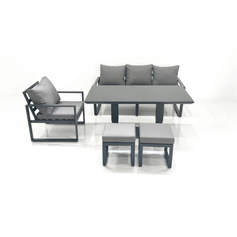 Fimous Outdoor Aluminium Garden Furniture Set with Adjustable Rising Lifting Dining Table 3 Seater Sofa Chair 2 Small Footstools Dark Grey