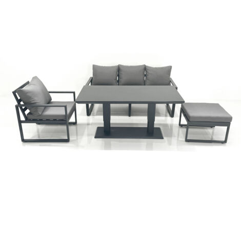 Fimous Outdoor Aluminium Garden Furniture Set with Adjustable Rising Lifting Dining Table 3 Seater Sofa Chair Big Footstool Dark Grey