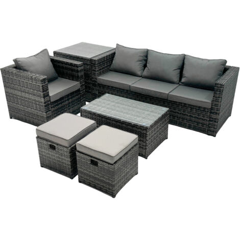 Fimous Outdoor Coffee Table Sofa Armchair Set with Side Table 2 Small Footstools Garden Furniture Set Dark Grey Mixed