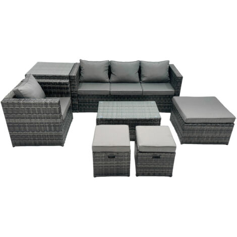 Fimous Outdoor Coffee Table Sofa Armchair Set with Side Table Big Stool 2 Small Footstools Garden Furniture Set Dark Grey Mixed