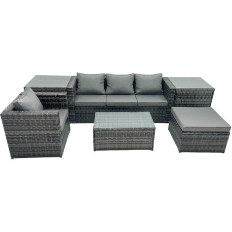 Fimous Outdoor Coffee Table Sofa Armchair Set with Side Table Big Stool Garden Furniture Set Dark Grey Mixed