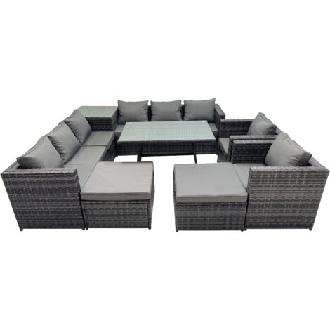 Fimous Outdoor Corner Sofa Chair Dining Table Set Garden Rattan Furniture Set 10 Seater with 2 Big Stools Dark Grey